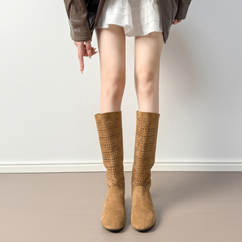 Ženske čizme u francuskom stilu, visoki goljen, velur, okrugli vrh, pet 3-5 cm, ulošak za povećanje visine