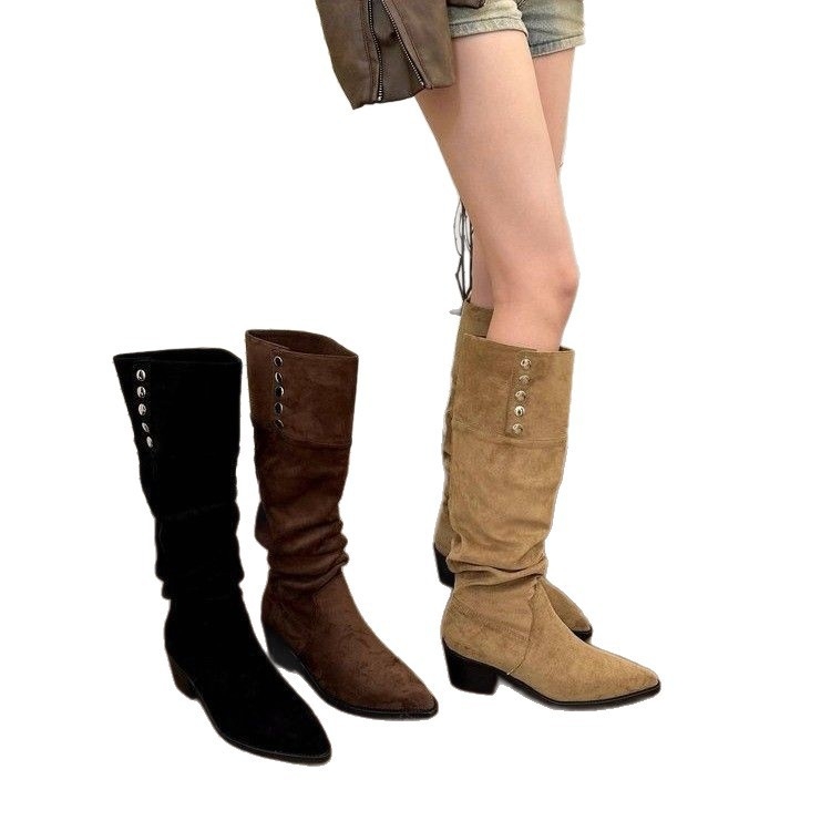 Ženske Martin čizme: zaobljena nosnica prsta, koljena visina, debeli pet 6–8 cm, PU gornji dio, stražnji zatvarač