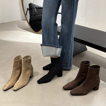 Ženske suede čizme, debeli pet 6–8 cm, kvadratni vrh, niski dio noge, stražnji zatvarač