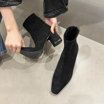 Ženske suede čizme, debeli pet 6–8 cm, kvadratni vrh, niski dio noge, stražnji zatvarač