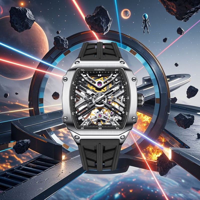 Starking muški sat s potpuno automatskim mehaničkim pogonom, brojčanik u obliku bačve sa skeletiziranim dizajnom, luminiscencijski prikaz, kalendar, vodootpornost 50m