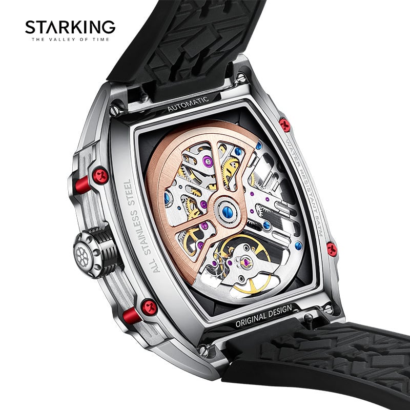 Starking muški sat s potpuno automatskim mehaničkim pogonom, brojčanik u obliku bačve sa skeletiziranim dizajnom, luminiscencijski prikaz, kalendar, vodootpornost 50m
