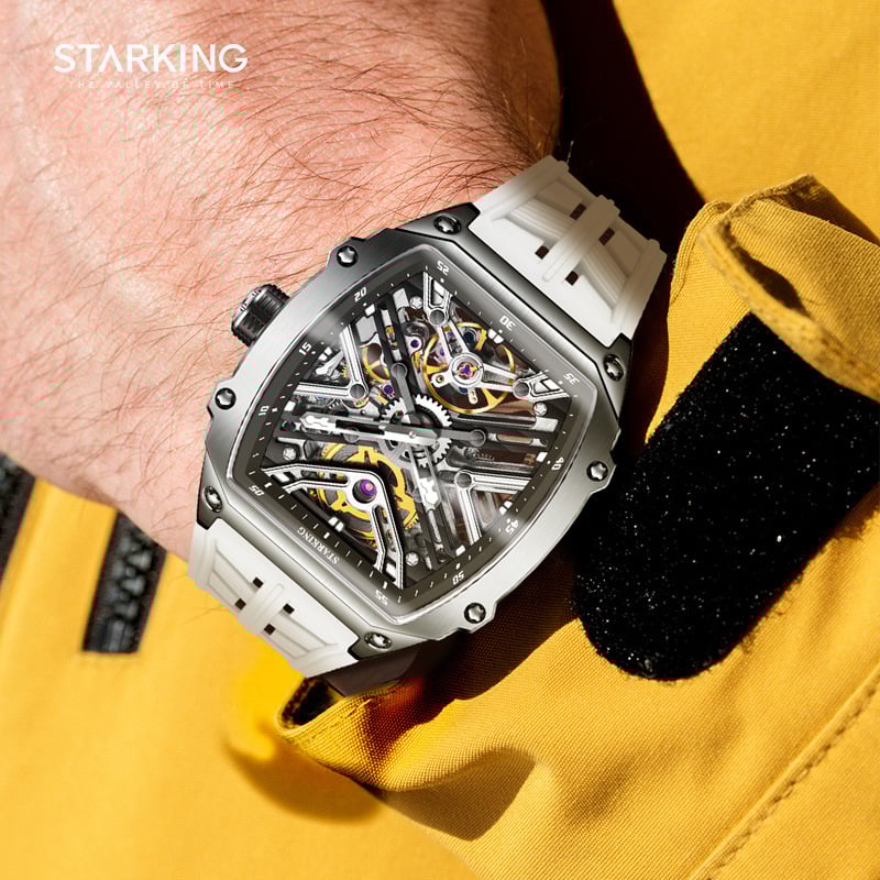 Starking muški sat s potpuno automatskim mehaničkim pogonom, brojčanik u obliku bačve sa skeletiziranim dizajnom, luminiscencijski prikaz, kalendar, vodootpornost 50m