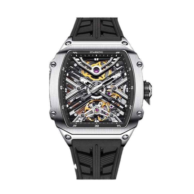 Starking muški sat s potpuno automatskim mehaničkim pogonom, brojčanik u obliku bačve sa skeletiziranim dizajnom, luminiscencijski prikaz, kalendar, vodootpornost 50m