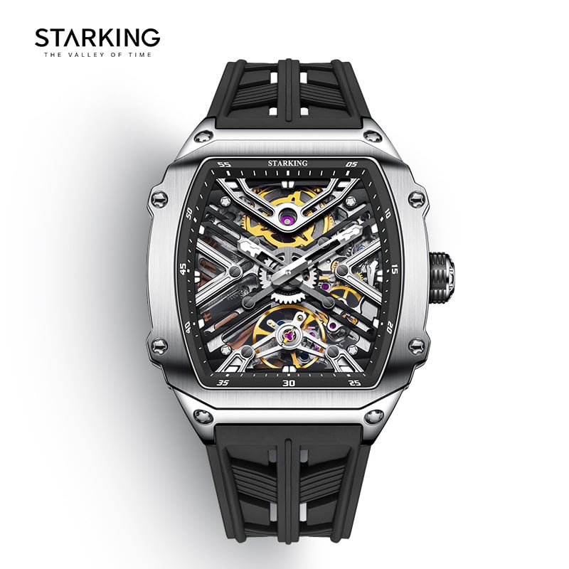 Starking muški sat s potpuno automatskim mehaničkim pogonom, brojčanik u obliku bačve sa skeletiziranim dizajnom, luminiscencijski prikaz, kalendar, vodootpornost 50m