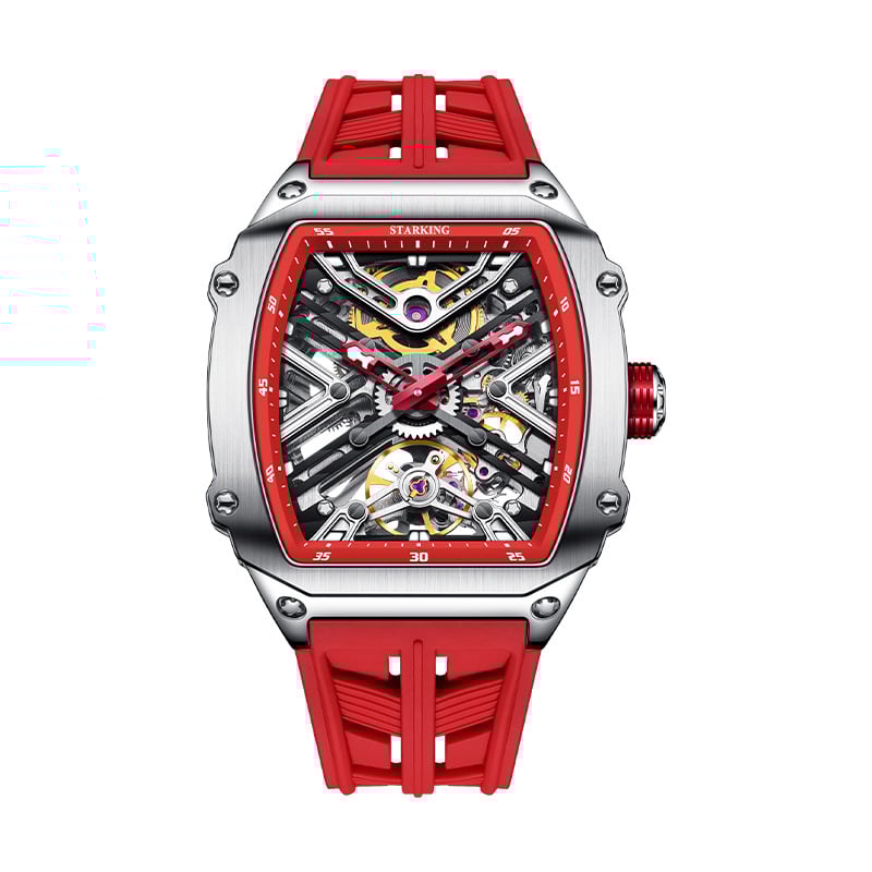Starking muški sat s potpuno automatskim mehaničkim pogonom, brojčanik u obliku bačve sa skeletiziranim dizajnom, luminiscencijski prikaz, kalendar, vodootpornost 50m