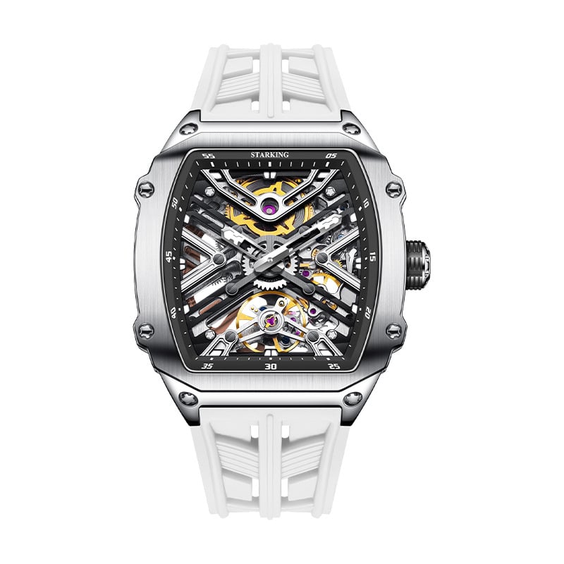 Starking muški sat s potpuno automatskim mehaničkim pogonom, brojčanik u obliku bačve sa skeletiziranim dizajnom, luminiscencijski prikaz, kalendar, vodootpornost 50m