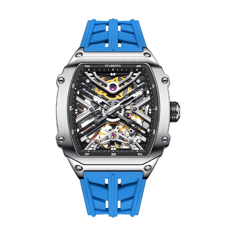 Starking muški sat s potpuno automatskim mehaničkim pogonom, brojčanik u obliku bačve sa skeletiziranim dizajnom, luminiscencijski prikaz, kalendar, vodootpornost 50m