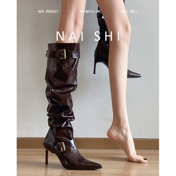 Čizme iznad koljena od prave kože s okruglim vrhom, visokim petama 3–5 cm, kožni paneli