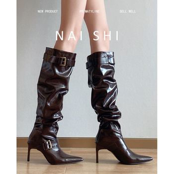 Čizme iznad koljena od prave kože s okruglim vrhom, visokim petama 3–5 cm, kožni paneli