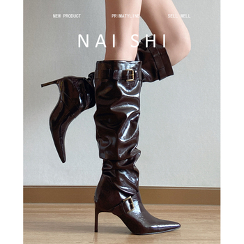 Čizme iznad koljena od prave kože s okruglim vrhom, visokim petama 3–5 cm, kožni paneli