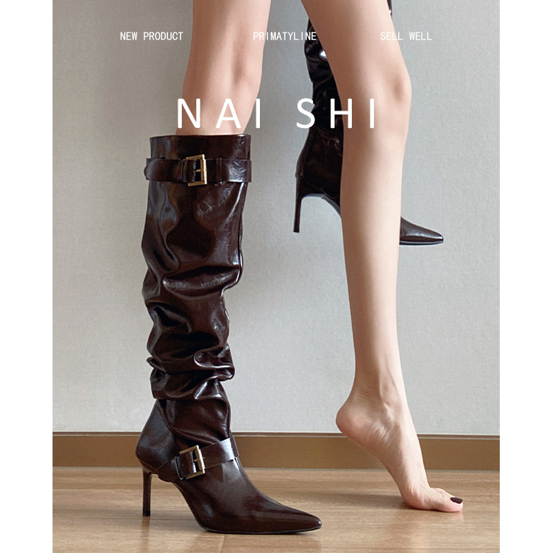 Čizme iznad koljena od prave kože s okruglim vrhom, visokim petama 3–5 cm, kožni paneli