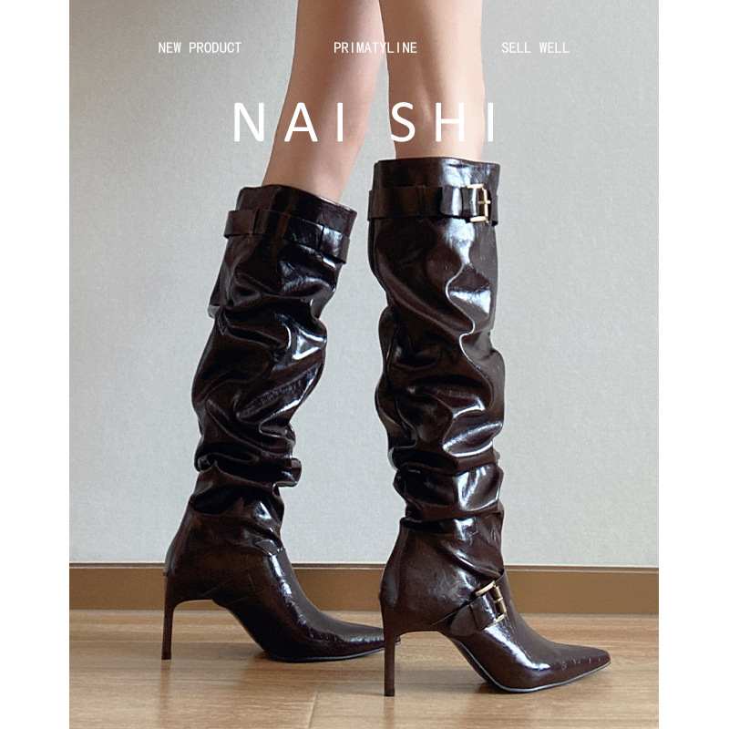 Čizme iznad koljena od prave kože s okruglim vrhom, visokim petama 3–5 cm, kožni paneli