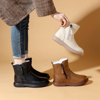 Ženske Martin čizme od prvog sloja teleće kože s vunenom podstavom, zimske čizme s gumom protiv klizanja, niski potpetica 1–3 cm