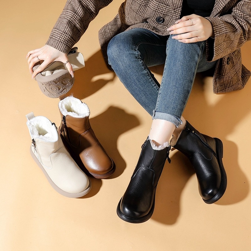 Ženske Martin čizme od prvog sloja teleće kože s vunenom podstavom, zimske čizme s gumom protiv klizanja, niski potpetica 1–3 cm