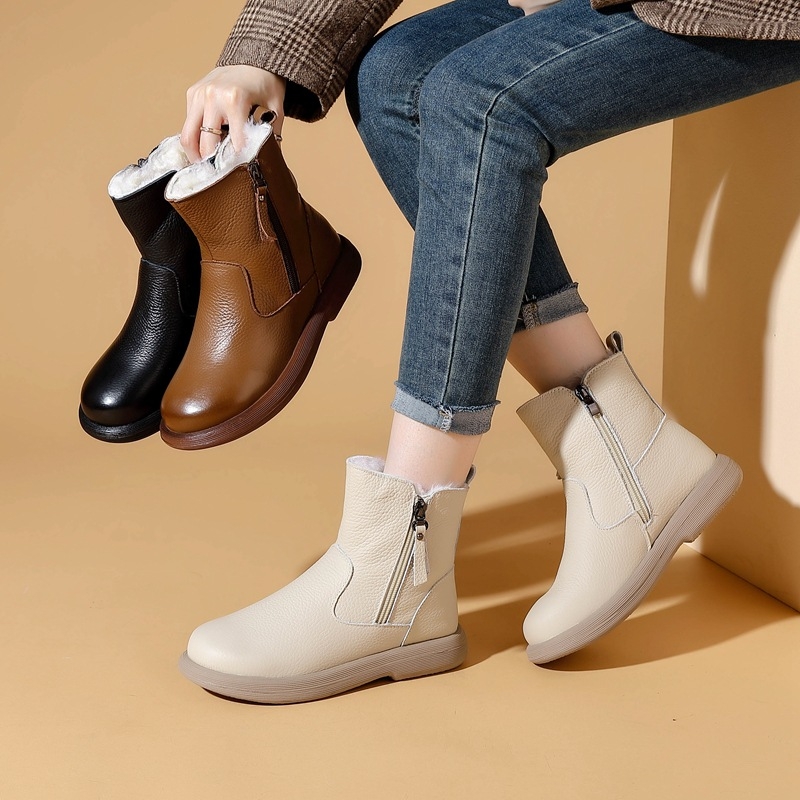 Ženske Martin čizme od prvog sloja teleće kože s vunenom podstavom, zimske čizme s gumom protiv klizanja, niski potpetica 1–3 cm