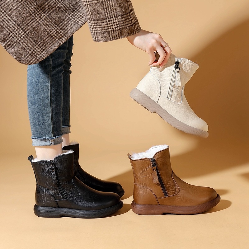 Ženske Martin čizme od prvog sloja teleće kože s vunenom podstavom, zimske čizme s gumom protiv klizanja, niski potpetica 1–3 cm