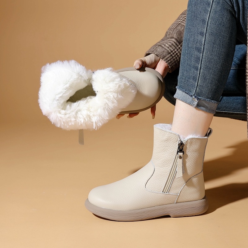 Ženske Martin čizme od prvog sloja teleće kože s vunenom podstavom, zimske čizme s gumom protiv klizanja, niski potpetica 1–3 cm