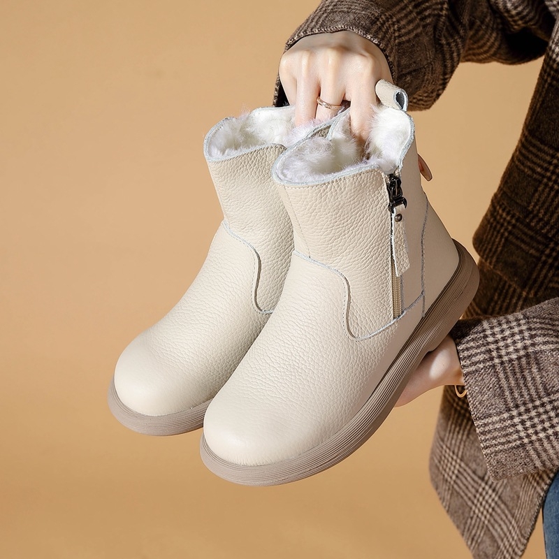 Ženske Martin čizme od prvog sloja teleće kože s vunenom podstavom, zimske čizme s gumom protiv klizanja, niski potpetica 1–3 cm