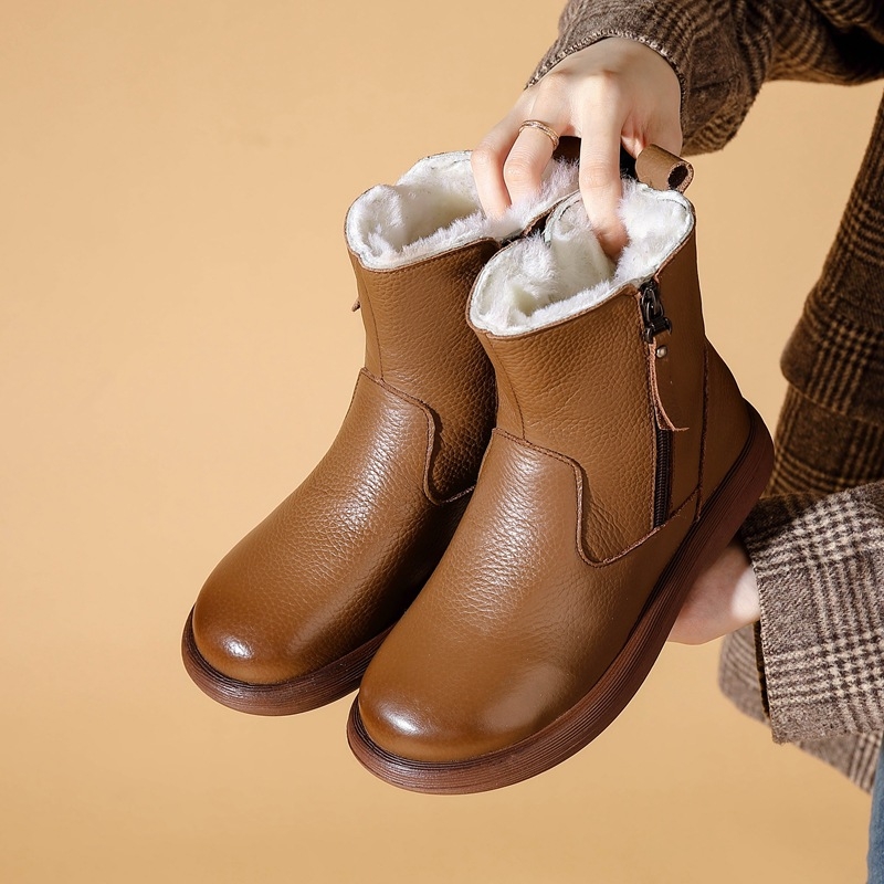 Ženske Martin čizme od prvog sloja teleće kože s vunenom podstavom, zimske čizme s gumom protiv klizanja, niski potpetica 1–3 cm