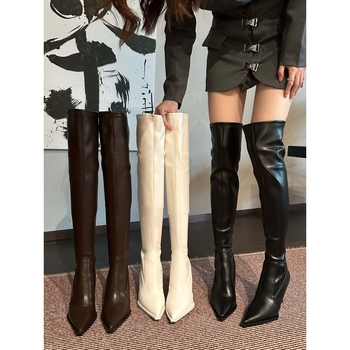 Čizme iznad koljena za žene, korejski stil, šiljasti vrh, visok potpet 6–8 cm, gornji dio od microfiber