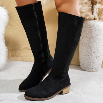 Botine peste genunchi din velur, vârf ascuțit, toc gros 6–8 cm, pull-on