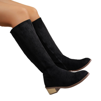 Botine peste genunchi din velur, vârf ascuțit, toc gros 6–8 cm, pull-on