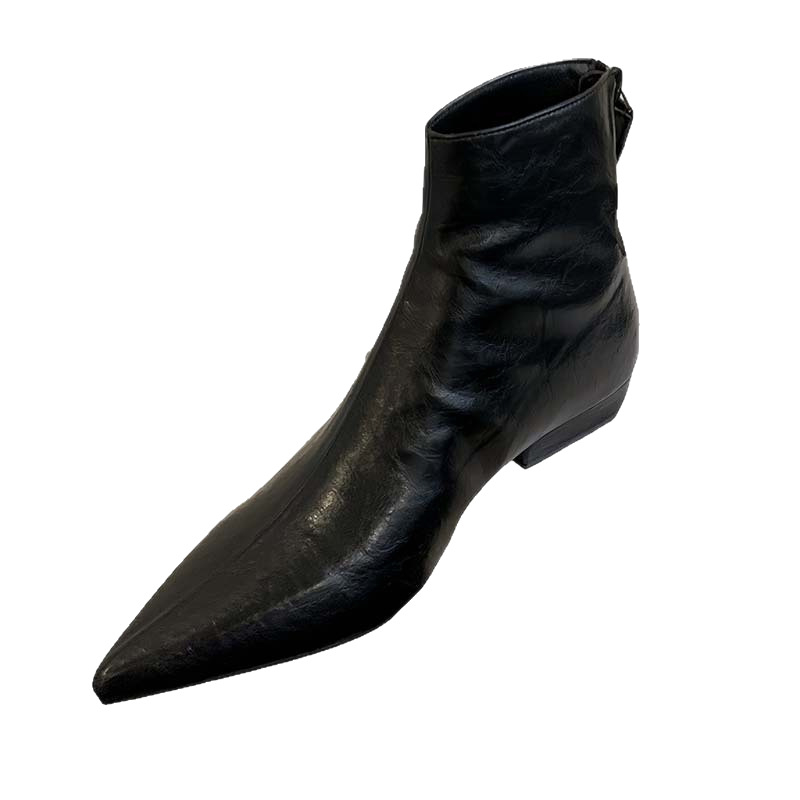 Cizme de modă cu vârf ascuțit, toc pătrat mic 1–3 cm, partea superioară din piele naturală de primul strat, talpă din cauciuc, fermoar pe spate