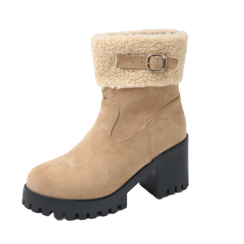 Botine femei din bumbac cu blană, până la gambe, toc gros, vârf rotund, PU pe partea superioară, căptușeală din bumbac