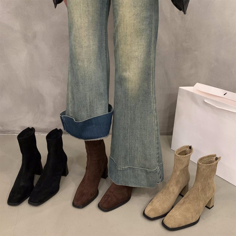 Ženske kratke čizme od velura, debeli pet 6–8 cm, četvrtasti vrh, stražnji zip, korejski stil
