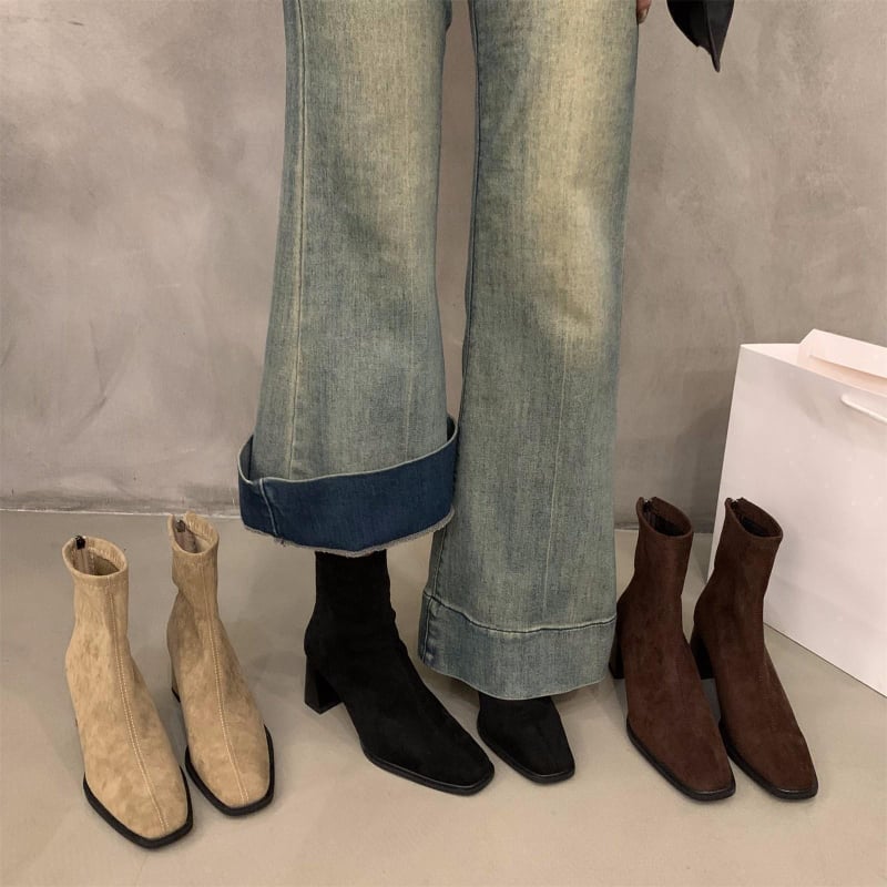 Ženske kratke čizme od velura, debeli pet 6–8 cm, četvrtasti vrh, stražnji zip, korejski stil