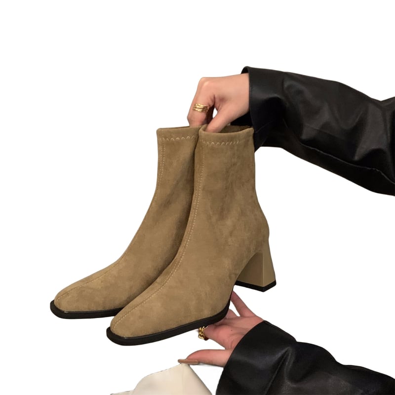 Ženske kratke čizme od velura, debeli pet 6–8 cm, četvrtasti vrh, stražnji zip, korejski stil