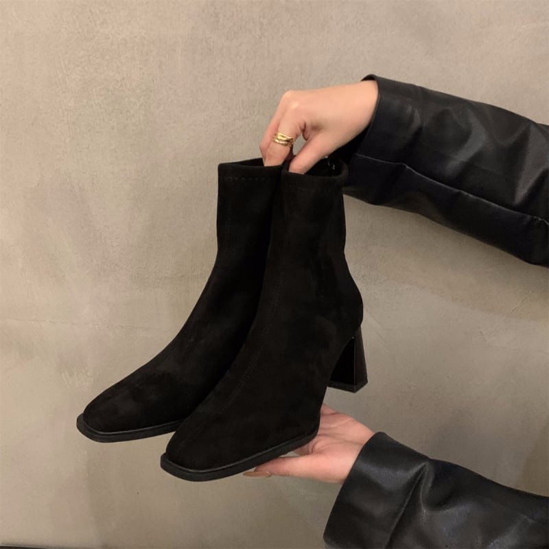 Ženske kratke čizme od velura, debeli pet 6–8 cm, četvrtasti vrh, stražnji zip, korejski stil