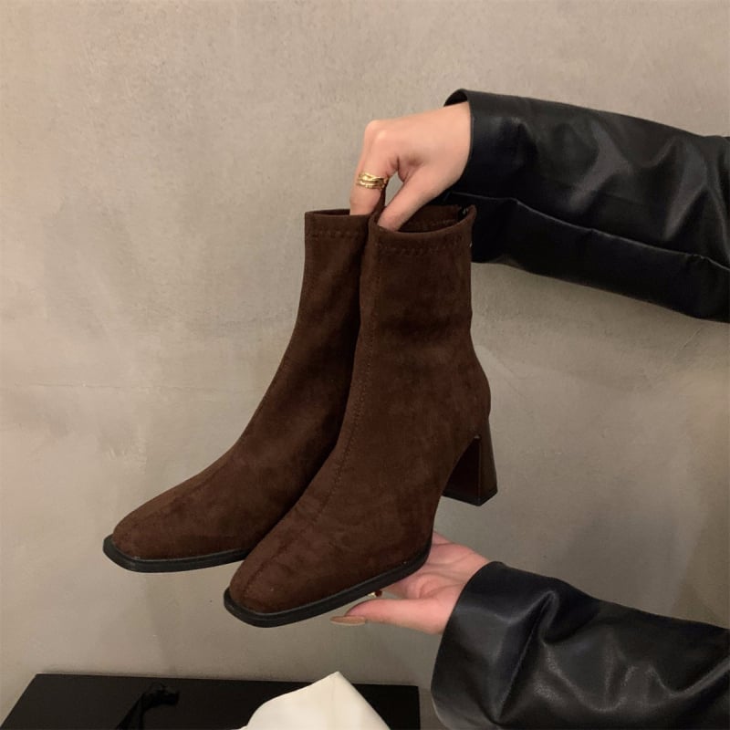 Ženske kratke čizme od velura, debeli pet 6–8 cm, četvrtasti vrh, stražnji zip, korejski stil