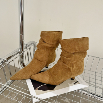 Ghete femei cowboy din velur, vârf ascuțit, gambă scurtă, toc subțire 1–3 cm