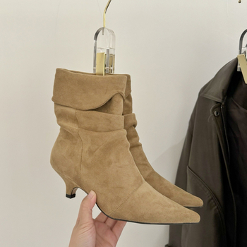 Ghete femei cowboy din velur, vârf ascuțit, gambă scurtă, toc subțire 1–3 cm