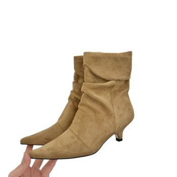 Ghete femei cowboy din velur, vârf ascuțit, gambă scurtă, toc subțire 1–3 cm
