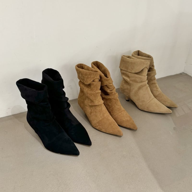 Ghete femei cowboy din velur, vârf ascuțit, gambă scurtă, toc subțire 1–3 cm