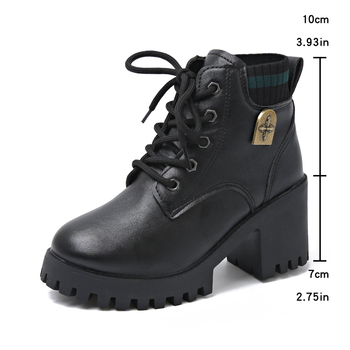 Ghete Martin din PU pentru femei, stil britanic, cu șireturi, toc gros de 6–8 cm, vârf rotund