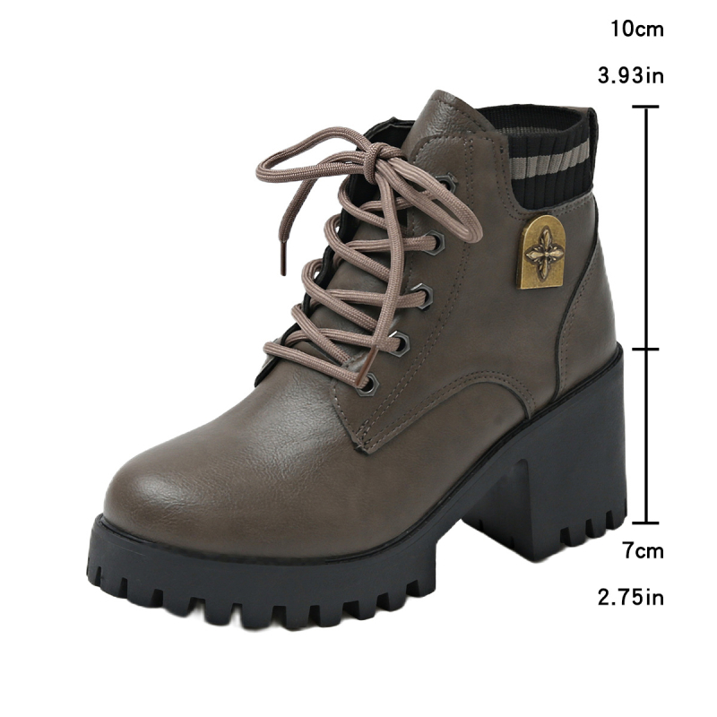 Ghete Martin din PU pentru femei, stil britanic, cu șireturi, toc gros de 6–8 cm, vârf rotund