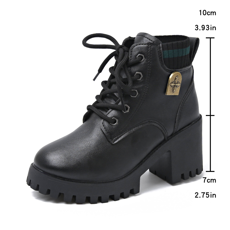 Ghete Martin din PU pentru femei, stil britanic, cu șireturi, toc gros de 6–8 cm, vârf rotund