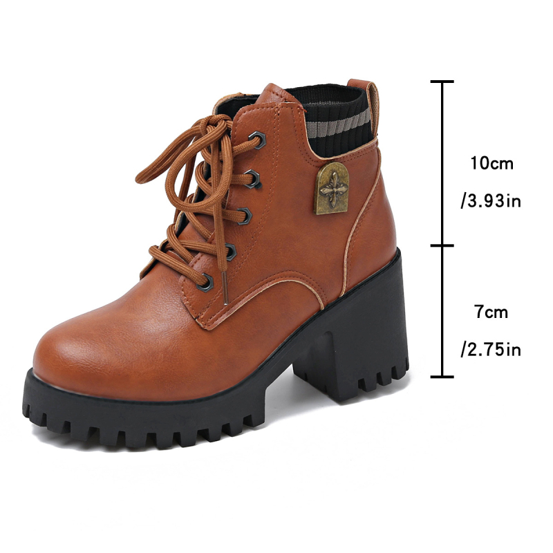 Ghete Martin din PU pentru femei, stil britanic, cu șireturi, toc gros de 6–8 cm, vârf rotund