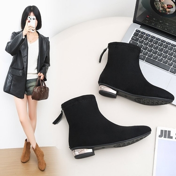 Botine dama cu toc gros, stil retro, vârf ascuțit, PU partea superioară, talpă din cauciuc, până la gambe