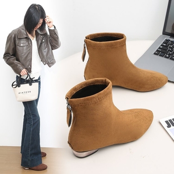 Botine dama cu toc gros, stil retro, vârf ascuțit, PU partea superioară, talpă din cauciuc, până la gambe