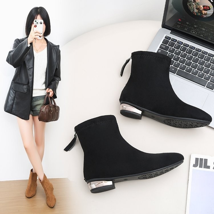 Botine dama cu toc gros, stil retro, vârf ascuțit, PU partea superioară, talpă din cauciuc, până la gambe