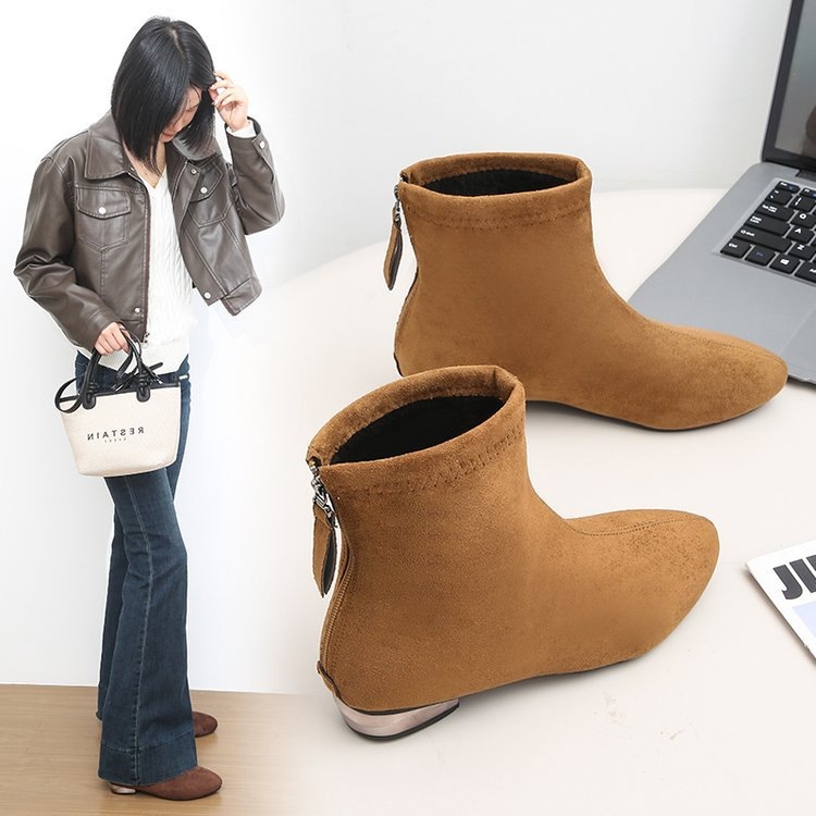 Botine dama cu toc gros, stil retro, vârf ascuțit, PU partea superioară, talpă din cauciuc, până la gambe