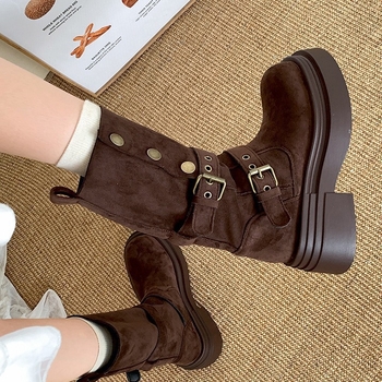 Cizme Martin pentru femei, toc gros 3-5 cm, model coreean, exterior PU, talpă multistrat, vârf rotund