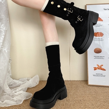 Cizme Martin pentru femei, toc gros 3-5 cm, model coreean, exterior PU, talpă multistrat, vârf rotund