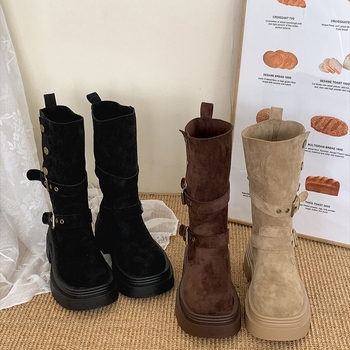 Cizme Martin pentru femei, toc gros 3-5 cm, model coreean, exterior PU, talpă multistrat, vârf rotund