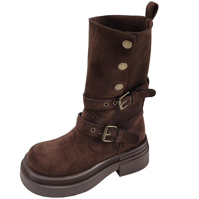 Cizme Martin pentru femei, toc gros 3-5 cm, model coreean, exterior PU, talpă multistrat, vârf rotund